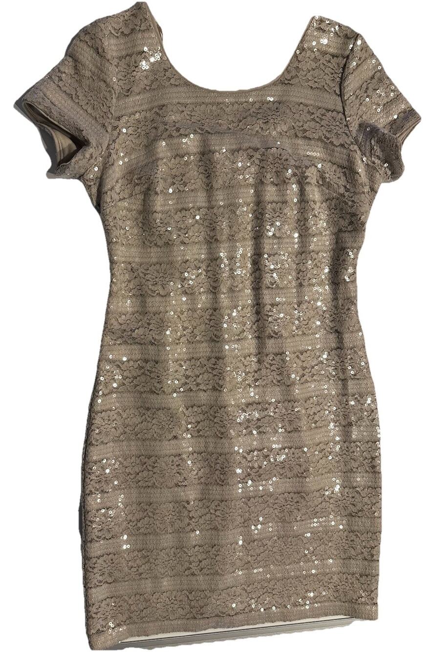 Donna Ricco Sequin Sheath Cocktail Dress Womens SZ 12 Nude NYE Floral Lace Party